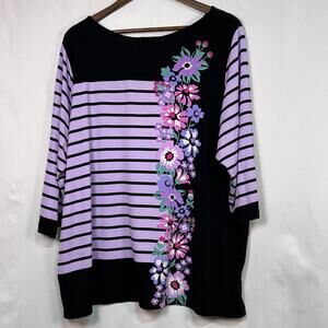 Bob Mackie Wearable Art 2X Purple Black Floral Striped Dolman Top Plus Size 2X